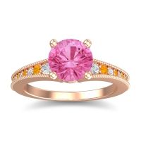 Pink Tourmaline Ring In 14K Rose Gold With Lab Diamond And Citrine Vati Round Antique Ring