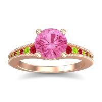 Pink Tourmaline Ring In 18K Rose Gold With Ruby And Peridot Vati Round Antique Ring