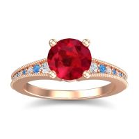 Lab Ruby Ring In 14K Rose Gold With Lab Diamond And Swiss Blue Topaz Vati Round Antique Ring