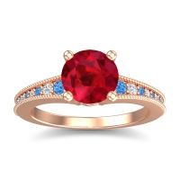 Lab Ruby Engagement Ring In 14K Rose Gold With Swiss Blue Topaz And Diamond - Vati Round Antique Ring