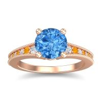 Swiss Blue Topaz Ring In 18K Rose Gold With Lab Diamond And Citrine Vati Round Antique Ring