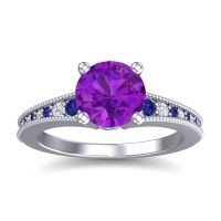 Amethyst Engagement Ring In Palladium With Blue Sapphire And Diamond - Vati Round Antique Ring