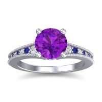 Amethyst Ring In Palladium With Diamond And Blue Sapphire Vati Round Antique Ring