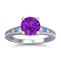 Amethyst Ring In Palladium With Diamond And Swiss Blue Topaz Vati Round Antique Ring