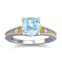 Aquamarine Ring In 18k White Gold With Citrine And Lab Diamond Vati Round Antique Ring