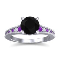 Black Onyx Engagement Ring In Palladium With Amethyst And Diamond - Vati Round Antique Ring