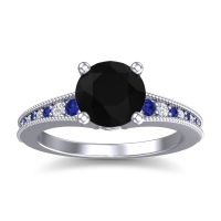 Black Onyx Engagement Ring In Palladium With Blue Sapphire And Diamond - Vati Round Antique Ring