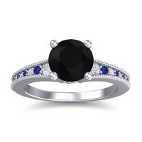 Black Onyx Ring In Palladium With Diamond And Blue Sapphire Vati Round Antique Ring