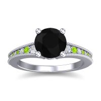 Black Onyx Ring In 18k White Gold With Lab Diamond And Peridot Vati Round Antique Ring