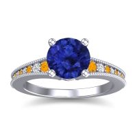 Lab Blue Sapphire Ring In 18k White Gold With Citrine And Lab Diamond Vati Round Antique Ring