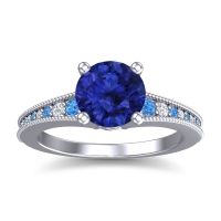 Lab Blue Sapphire Engagement Ring In Palladium With Swiss Blue Topaz And Diamond - Vati Round Antique Ring