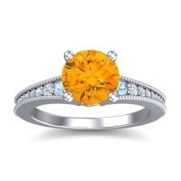 Citrine Engagement Ring In 18k White Gold With Aquamarine And Diamond - Vati Round Antique Ring