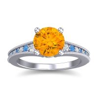 Citrine Ring In Palladium With Diamond And Swiss Blue Topaz Vati Round Antique Ring