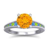 Citrine Ring In Palladium With Swiss Blue Topaz And Peridot Vati Round Antique Ring