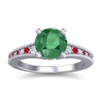 Lab Emerald Ring In 14k White Gold With Diamond And Ruby Vati Round Antique Ring