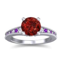 Garnet Ring In 18k White Gold With Lab Diamond And Amethyst Vati Round Antique Ring