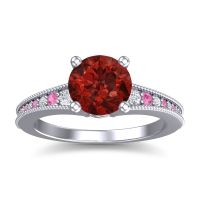 Garnet Ring In 18k White Gold With Lab Diamond And Pink Tourmaline Vati Round Antique Ring