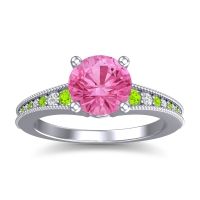 Pink Tourmaline Engagement Ring In 14k White Gold With Peridot And Diamond - Vati Round Antique Ring