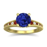 Lab Blue Sapphire Ring In 18k Yellow Gold With Garnet And Lab Diamond Vati Round Antique Ring