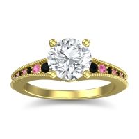 Lab Diamond Ring In 14k Yellow Gold With Black Onyx And Pink Tourmaline Vati Round Antique Ring