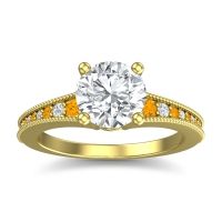 Lab Diamond Engagement Ring In 14k Yellow Gold With Citrine And Diamond - Vati Round Antique Ring