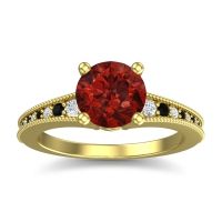 Garnet Ring In 18k Yellow Gold With Diamond And Black Onyx Vati Round Antique Ring