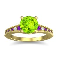 Peridot Engagement Ring In 18k Yellow Gold With Amethyst And Diamond - Vati Round Antique Ring