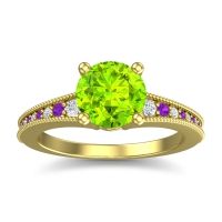 Peridot Ring In 18k Yellow Gold With Diamond And Amethyst Vati Round Antique Ring