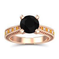 Black Onyx Ring In 14K Rose Gold With Citrine And Lab Diamond Balaja Round Antique Ring