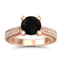 Black Onyx Engagement Ring In 14K Rose Gold With Lab Diamond And Diamond - Balaja Round Antique Ring