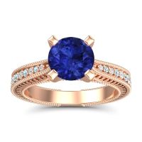 Lab Blue Sapphire Ring In 14K Rose Gold With Lab Diamond And Aquamarine Balaja Round Antique Ring