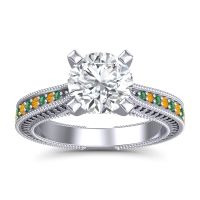 Lab Diamond Ring In 14k White Gold With Emerald And Citrine Balaja Round Antique Ring