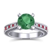 Lab Emerald Ring In 14k White Gold With Diamond And Ruby Balaja Round Antique Ring