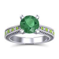 Lab Emerald Engagement Ring In 14k White Gold With Peridot And Diamond - Balaja Round Antique Ring