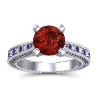 Garnet Engagement Ring In 14k White Gold With Blue Sapphire And Diamond - Balaja Round Antique Ring
