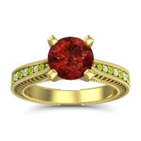 Garnet Engagement Ring In 14k Yellow Gold With Peridot And Diamond - Balaja Round Antique Ring