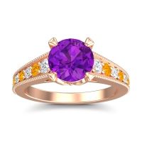 Amethyst Ring In 14K Rose Gold With Lab Diamond And Citrine Sara Round Antique Ring