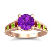 Amethyst Ring In 14K Rose Gold With Garnet And Peridot Sara Round Antique Ring