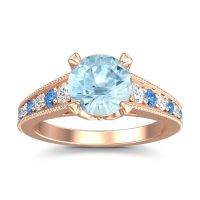 Aquamarine Ring In 14K Rose Gold With Lab Diamond And Swiss Blue Topaz Sara Round Antique Ring