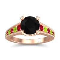 Black Onyx Ring In 18K Rose Gold With Ruby And Peridot Sara Round Antique Ring