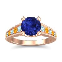 Lab Blue Sapphire Ring In 18K Rose Gold With Aquamarine And Citrine Sara Round Antique Ring