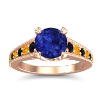 Lab Blue Sapphire Ring In 18K Rose Gold With Black Onyx And Citrine Sara Round Antique Ring