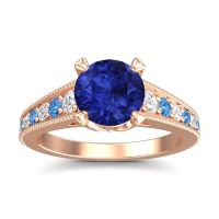 Lab Blue Sapphire Ring In 14K Rose Gold With Lab Diamond And Swiss Blue Topaz Sara Round Antique Ring