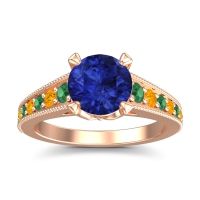 Lab Blue Sapphire Ring In 18K Rose Gold With Emerald And Citrine Sara Round Antique Ring