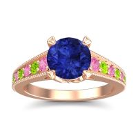 Lab Blue Sapphire Ring In 14K Rose Gold With Pink Tourmaline And Peridot Sara Round Antique Ring