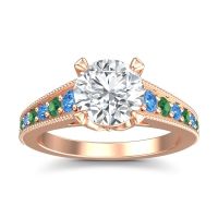 Lab Diamond Ring In 14K Rose Gold With Swiss Blue Topaz And Emerald Sara Round Antique Ring