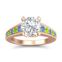 Lab Diamond Ring In 18K Rose Gold With Swiss Blue Topaz And Peridot Sara Round Antique Ring