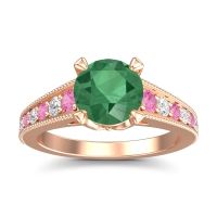 Lab Emerald Engagement Ring In 14K Rose Gold With Pink Tourmaline And Diamond - Sara Round Antique Ring