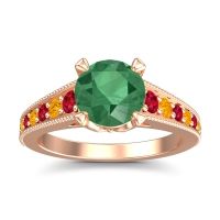 Lab Emerald Ring In 14K Rose Gold With Ruby And Citrine Sara Round Antique Ring