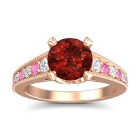 Garnet Ring In 14K Rose Gold With Diamond And Pink Tourmaline Sara Round Antique Ring
